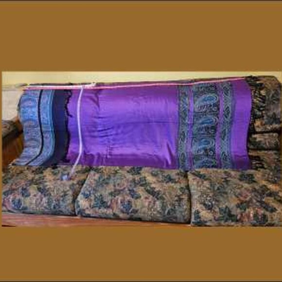 COPY - Purple, dark/medium blues, white, black fringe, cashmere scarf, unisex - Picture 3 of 6